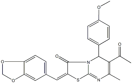 6-acetyl-2-(1,3-benzodioxol-5-ylmethylene)-5-(4-methoxyphenyl)-7-methyl-5H-[1,3]thiazolo[3,2-a]pyrimidin-3(2H)-one Struktur