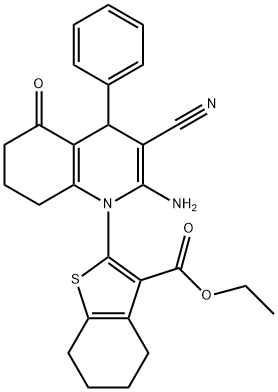 ethyl 2-[2-amino-3-cyano-5-oxo-4-phenyl-5,6,7,8-tetrahydro-1(4H)-quinolinyl]-4,5,6,7-tetrahydro-1-benzothiophene-3-carboxylate Struktur