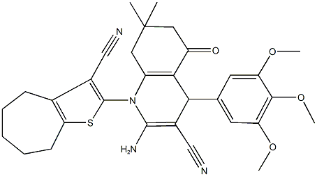 2-amino-1-(3-cyano-5,6,7,8-tetrahydro-4H-cyclohepta[b]thiophen-2-yl)-7,7-dimethyl-5-oxo-4-(3,4,5-trimethoxyphenyl)-1,4,5,6,7,8-hexahydro-3-quinolinecarbonitrile Struktur