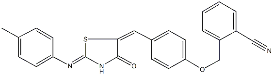 2-{[4-({2-[(4-methylphenyl)imino]-4-oxo-1,3-thiazolidin-5-ylidene}methyl)phenoxy]methyl}benzonitrile Struktur