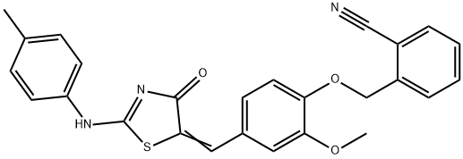 2-{[2-methoxy-4-({2-[(4-methylphenyl)imino]-4-oxo-1,3-thiazolidin-5-ylidene}methyl)phenoxy]methyl}benzonitrile Struktur