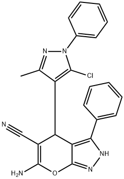 6-amino-4-(5-chloro-3-methyl-1-phenyl-1H-pyrazol-4-yl)-3-phenyl-1,4-dihydropyrano[2,3-c]pyrazole-5-carbonitrile Struktur