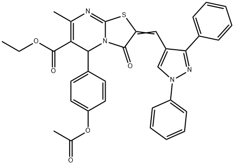 ethyl 5-[4-(acetyloxy)phenyl]-2-[(1,3-diphenyl-1H-pyrazol-4-yl)methylene]-7-methyl-3-oxo-2,3-dihydro-5H-[1,3]thiazolo[3,2-a]pyrimidine-6-carboxylate Struktur