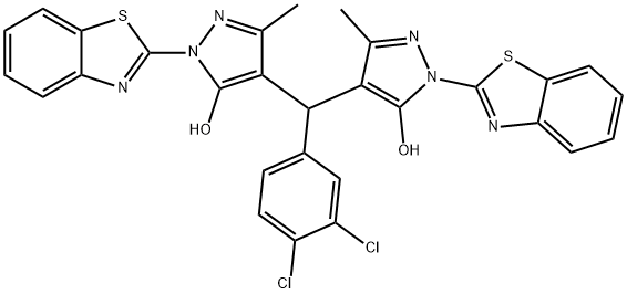 1-(1,3-benzothiazol-2-yl)-4-[[1-(1,3-benzothiazol-2-yl)-5-hydroxy-3-methyl-1H-pyrazol-4-yl](3,4-dichlorophenyl)methyl]-3-methyl-1H-pyrazol-5-ol Struktur