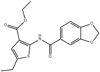 ethyl 2-[(1,3-benzodioxol-5-ylcarbonyl)amino]-5-ethyl-3-thiophenecarboxylate Struktur