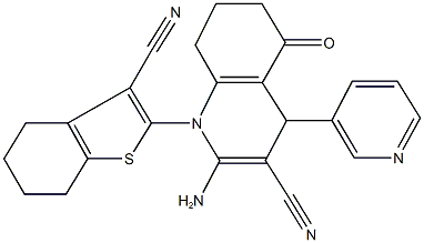 2-amino-1-(3-cyano-4,5,6,7-tetrahydro-1-benzothiophen-2-yl)-5-oxo-4-(3-pyridinyl)-1,4,5,6,7,8-hexahydro-3-quinolinecarbonitrile Struktur