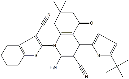 2-amino-4-[5-(tert-butyl)-2-thienyl]-1-(3-cyano-4,5,6,7-tetrahydro-1-benzothiophen-2-yl)-7,7-dimethyl-5-oxo-1,4,5,6,7,8-hexahydro-3-quinolinecarbonitrile Struktur