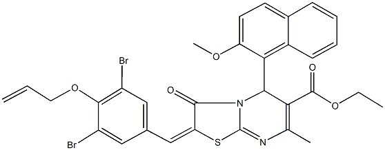 ethyl 2-[4-(allyloxy)-3,5-dibromobenzylidene]-5-(2-methoxy-1-naphthyl)-7-methyl-3-oxo-2,3-dihydro-5H-[1,3]thiazolo[3,2-a]pyrimidine-6-carboxylate Struktur