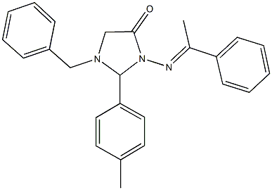 1-benzyl-2-(4-methylphenyl)-3-[(1-phenylethylidene)amino]-4-imidazolidinone Struktur