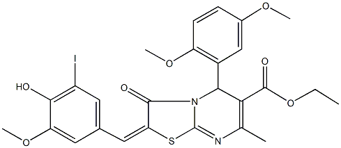 ethyl 5-(2,5-dimethoxyphenyl)-2-(4-hydroxy-3-iodo-5-methoxybenzylidene)-7-methyl-3-oxo-2,3-dihydro-5H-[1,3]thiazolo[3,2-a]pyrimidine-6-carboxylate Struktur