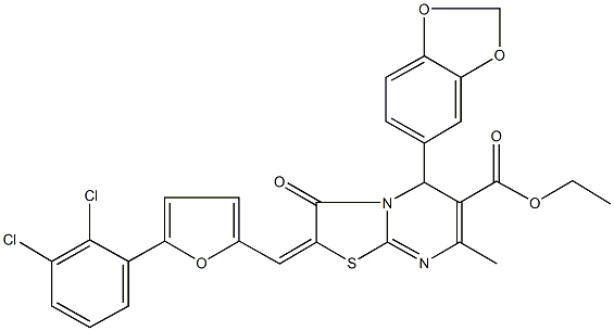 ethyl 5-(1,3-benzodioxol-5-yl)-2-{[5-(2,3-dichlorophenyl)-2-furyl]methylene}-7-methyl-3-oxo-2,3-dihydro-5H-[1,3]thiazolo[3,2-a]pyrimidine-6-carboxylate Struktur