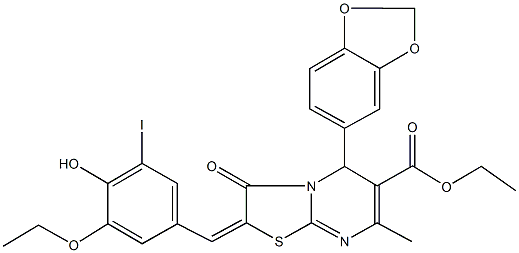 ethyl 5-(1,3-benzodioxol-5-yl)-2-(3-ethoxy-4-hydroxy-5-iodobenzylidene)-7-methyl-3-oxo-2,3-dihydro-5H-[1,3]thiazolo[3,2-a]pyrimidine-6-carboxylate Struktur