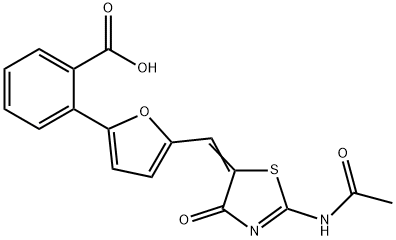 2-(5-{[2-(acetylimino)-4-oxo-1,3-thiazolidin-5-ylidene]methyl}-2-furyl)benzoic acid Struktur