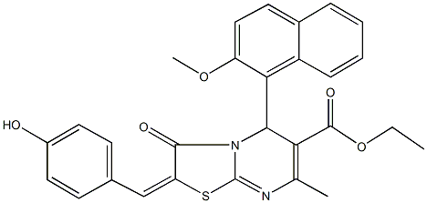 ethyl 2-(4-hydroxybenzylidene)-5-(2-methoxy-1-naphthyl)-7-methyl-3-oxo-2,3-dihydro-5H-[1,3]thiazolo[3,2-a]pyrimidine-6-carboxylate Struktur