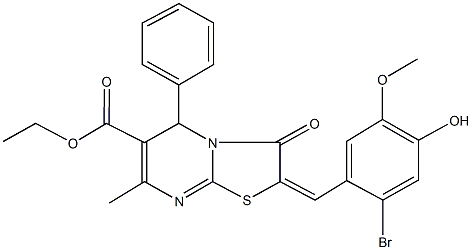 ethyl 2-(2-bromo-4-hydroxy-5-methoxybenzylidene)-7-methyl-3-oxo-5-phenyl-2,3-dihydro-5H-[1,3]thiazolo[3,2-a]pyrimidine-6-carboxylate Struktur