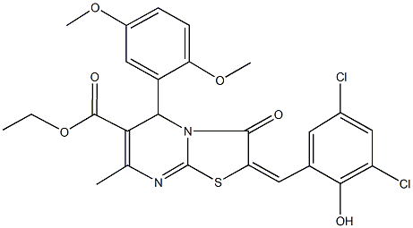 ethyl 2-(3,5-dichloro-2-hydroxybenzylidene)-5-(2,5-dimethoxyphenyl)-7-methyl-3-oxo-2,3-dihydro-5H-[1,3]thiazolo[3,2-a]pyrimidine-6-carboxylate Struktur