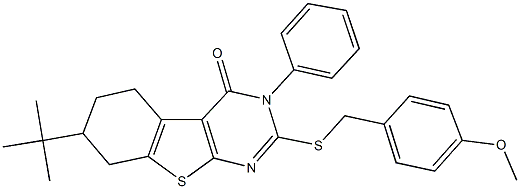 7-tert-butyl-2-[(4-methoxybenzyl)sulfanyl]-3-phenyl-5,6,7,8-tetrahydro[1]benzothieno[2,3-d]pyrimidin-4(3H)-one Struktur