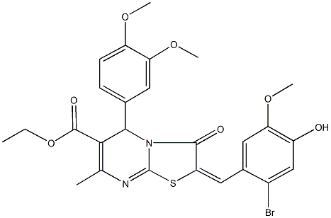 ethyl 2-(2-bromo-4-hydroxy-5-methoxybenzylidene)-5-(3,4-dimethoxyphenyl)-7-methyl-3-oxo-2,3-dihydro-5H-[1,3]thiazolo[3,2-a]pyrimidine-6-carboxylate Struktur