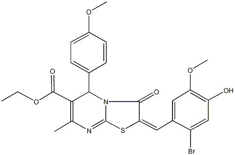 ethyl 2-(2-bromo-4-hydroxy-5-methoxybenzylidene)-5-(4-methoxyphenyl)-7-methyl-3-oxo-2,3-dihydro-5H-[1,3]thiazolo[3,2-a]pyrimidine-6-carboxylate Struktur