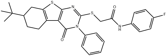 2-[(7-tert-butyl-4-oxo-3-phenyl-3,4,5,6,7,8-hexahydro[1]benzothieno[2,3-d]pyrimidin-2-yl)sulfanyl]-N-(4-fluorophenyl)acetamide Struktur