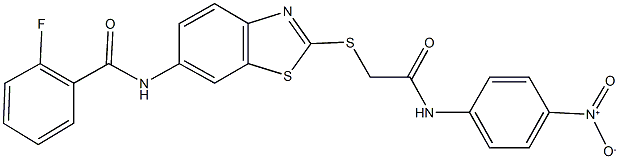 2-fluoro-N-{2-[(2-{4-nitroanilino}-2-oxoethyl)sulfanyl]-1,3-benzothiazol-6-yl}benzamide Struktur