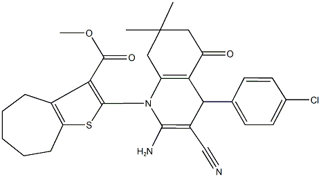 methyl 2-(2-amino-4-(4-chlorophenyl)-3-cyano-7,7-dimethyl-5-oxo-5,6,7,8-tetrahydro-1(4H)-quinolinyl)-5,6,7,8-tetrahydro-4H-cyclohepta[b]thiophene-3-carboxylate Struktur