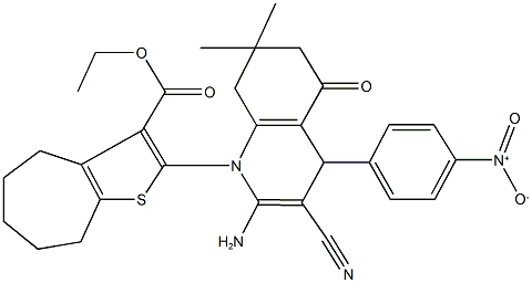 ethyl 2-(2-amino-3-cyano-4-{4-nitrophenyl}-7,7-dimethyl-5-oxo-5,6,7,8-tetrahydro-1(4H)-quinolinyl)-5,6,7,8-tetrahydro-4H-cyclohepta[b]thiophene-3-carboxylate Struktur