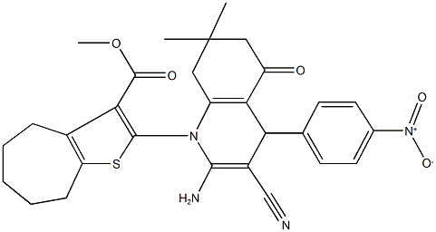 methyl 2-(2-amino-3-cyano-4-{4-nitrophenyl}-7,7-dimethyl-5-oxo-5,6,7,8-tetrahydro-1(4H)-quinolinyl)-5,6,7,8-tetrahydro-4H-cyclohepta[b]thiophene-3-carboxylate Struktur