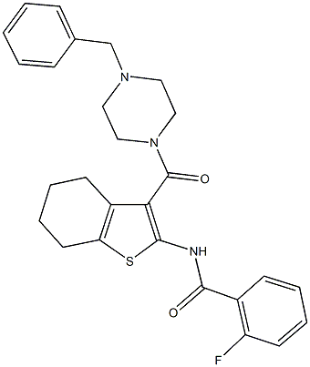 N-{3-[(4-benzyl-1-piperazinyl)carbonyl]-4,5,6,7-tetrahydro-1-benzothien-2-yl}-2-fluorobenzamide Struktur