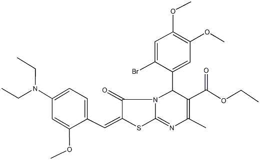 ethyl 5-(2-bromo-4,5-dimethoxyphenyl)-2-[4-(diethylamino)-2-methoxybenzylidene]-7-methyl-3-oxo-2,3-dihydro-5H-[1,3]thiazolo[3,2-a]pyrimidine-6-carboxylate Struktur