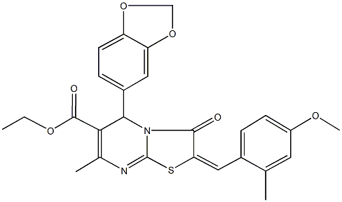 ethyl 5-(1,3-benzodioxol-5-yl)-2-(4-methoxy-2-methylbenzylidene)-7-methyl-3-oxo-2,3-dihydro-5H-[1,3]thiazolo[3,2-a]pyrimidine-6-carboxylate Struktur