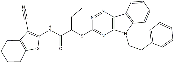 N-(3-cyano-4,5,6,7-tetrahydro-1-benzothien-2-yl)-2-{[5-(2-phenylethyl)-5H-[1,2,4]triazino[5,6-b]indol-3-yl]sulfanyl}butanamide Struktur