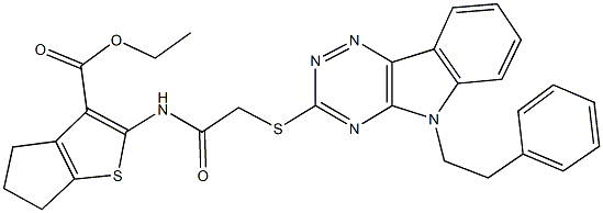 ethyl 2-[({[5-(2-phenylethyl)-5H-[1,2,4]triazino[5,6-b]indol-3-yl]sulfanyl}acetyl)amino]-5,6-dihydro-4H-cyclopenta[b]thiophene-3-carboxylate Struktur