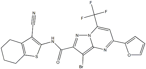 3-bromo-N-(3-cyano-4,5,6,7-tetrahydro-1-benzothien-2-yl)-5-(2-furyl)-7-(trifluoromethyl)pyrazolo[1,5-a]pyrimidine-2-carboxamide Struktur