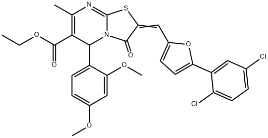 ethyl 2-{[5-(2,5-dichlorophenyl)-2-furyl]methylene}-5-(2,4-dimethoxyphenyl)-7-methyl-3-oxo-2,3-dihydro-5H-[1,3]thiazolo[3,2-a]pyrimidine-6-carboxylate Struktur