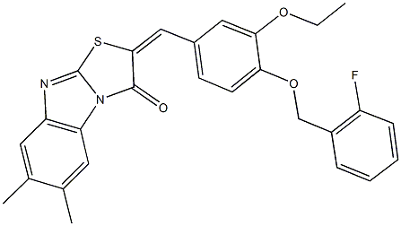 2-{3-ethoxy-4-[(2-fluorobenzyl)oxy]benzylidene}-6,7-dimethyl[1,3]thiazolo[3,2-a]benzimidazol-3(2H)-one Struktur