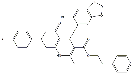 2-phenylethyl 4-(6-bromo-1,3-benzodioxol-5-yl)-7-(4-chlorophenyl)-2-methyl-5-oxo-1,4,5,6,7,8-hexahydro-3-quinolinecarboxylate Struktur