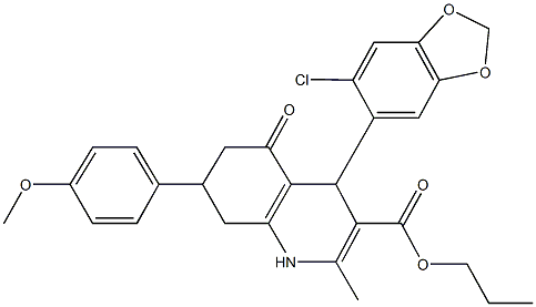 propyl 4-(6-chloro-1,3-benzodioxol-5-yl)-7-(4-methoxyphenyl)-2-methyl-5-oxo-1,4,5,6,7,8-hexahydro-3-quinolinecarboxylate Struktur