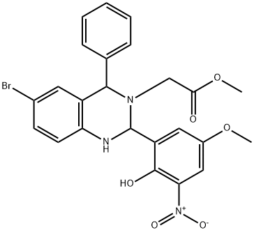 methyl (6-bromo-2-[2-hydroxy-3-nitro-5-(methyloxy)phenyl]-4-phenyl-1,4-dihydroquinazolin-3(2H)-yl)acetate Struktur