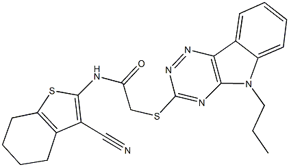 N-(3-cyano-4,5,6,7-tetrahydro-1-benzothiophen-2-yl)-2-[(5-propyl-5H-[1,2,4]triazino[5,6-b]indol-3-yl)sulfanyl]acetamide Struktur