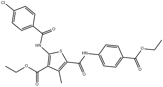 ethyl 2-[(4-chlorobenzoyl)amino]-5-{[4-(ethoxycarbonyl)anilino]carbonyl}-4-methyl-3-thiophenecarboxylate Struktur