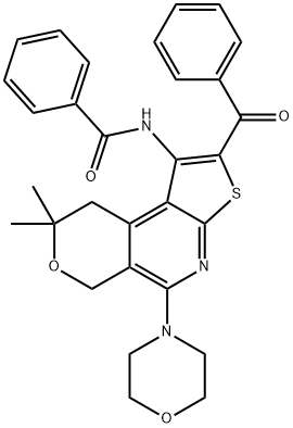 N-[2-benzoyl-8,8-dimethyl-5-(4-morpholinyl)-8,9-dihydro-6H-pyrano[4,3-d]thieno[2,3-b]pyridin-1-yl]benzamide Struktur