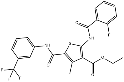 ethyl 2-[(2-fluorobenzoyl)amino]-4-methyl-5-{[3-(trifluoromethyl)anilino]carbonyl}-3-thiophenecarboxylate Struktur