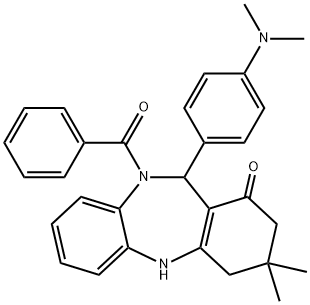 10-benzoyl-11-[4-(dimethylamino)phenyl]-3,3-dimethyl-2,3,4,5,10,11-hexahydro-1H-dibenzo[b,e][1,4]diazepin-1-one Struktur