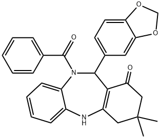 11-(1,3-benzodioxol-5-yl)-10-benzoyl-3,3-dimethyl-2,3,4,5,10,11-hexahydro-1H-dibenzo[b,e][1,4]diazepin-1-one Struktur