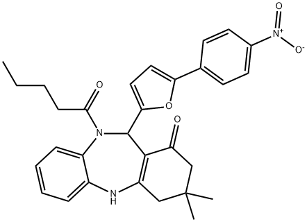 11-(5-{4-nitrophenyl}-2-furyl)-3,3-dimethyl-10-pentanoyl-2,3,4,5,10,11-hexahydro-1H-dibenzo[b,e][1,4]diazepin-1-one Struktur