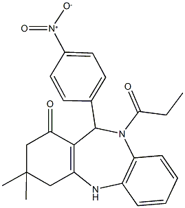 11-{4-nitrophenyl}-3,3-dimethyl-10-propionyl-2,3,4,5,10,11-hexahydro-1H-dibenzo[b,e][1,4]diazepin-1-one Struktur