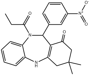 11-{3-nitrophenyl}-3,3-dimethyl-10-propionyl-2,3,4,5,10,11-hexahydro-1H-dibenzo[b,e][1,4]diazepin-1-one Struktur