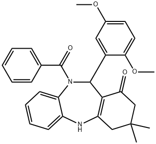 10-benzoyl-11-(2,5-dimethoxyphenyl)-3,3-dimethyl-2,3,4,5,10,11-hexahydro-1H-dibenzo[b,e][1,4]diazepin-1-one Struktur