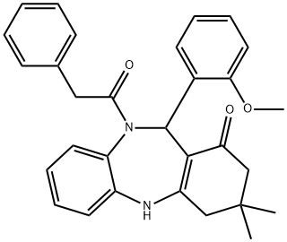 11-(2-methoxyphenyl)-3,3-dimethyl-10-(phenylacetyl)-2,3,4,5,10,11-hexahydro-1H-dibenzo[b,e][1,4]diazepin-1-one Struktur